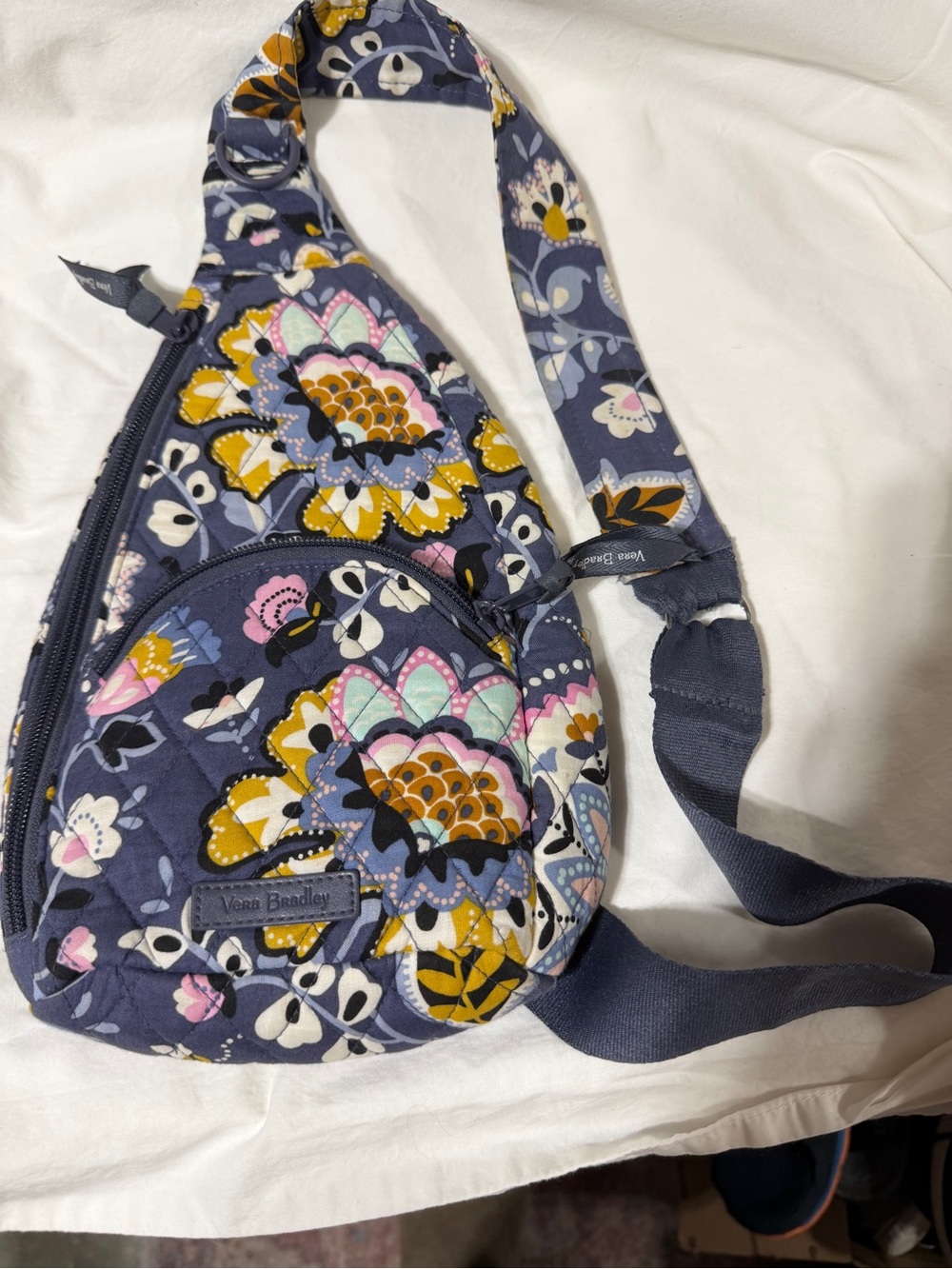 Vera Bradley Quilted Navy Floral Crossbody Sling with Yellow & Pink Accents